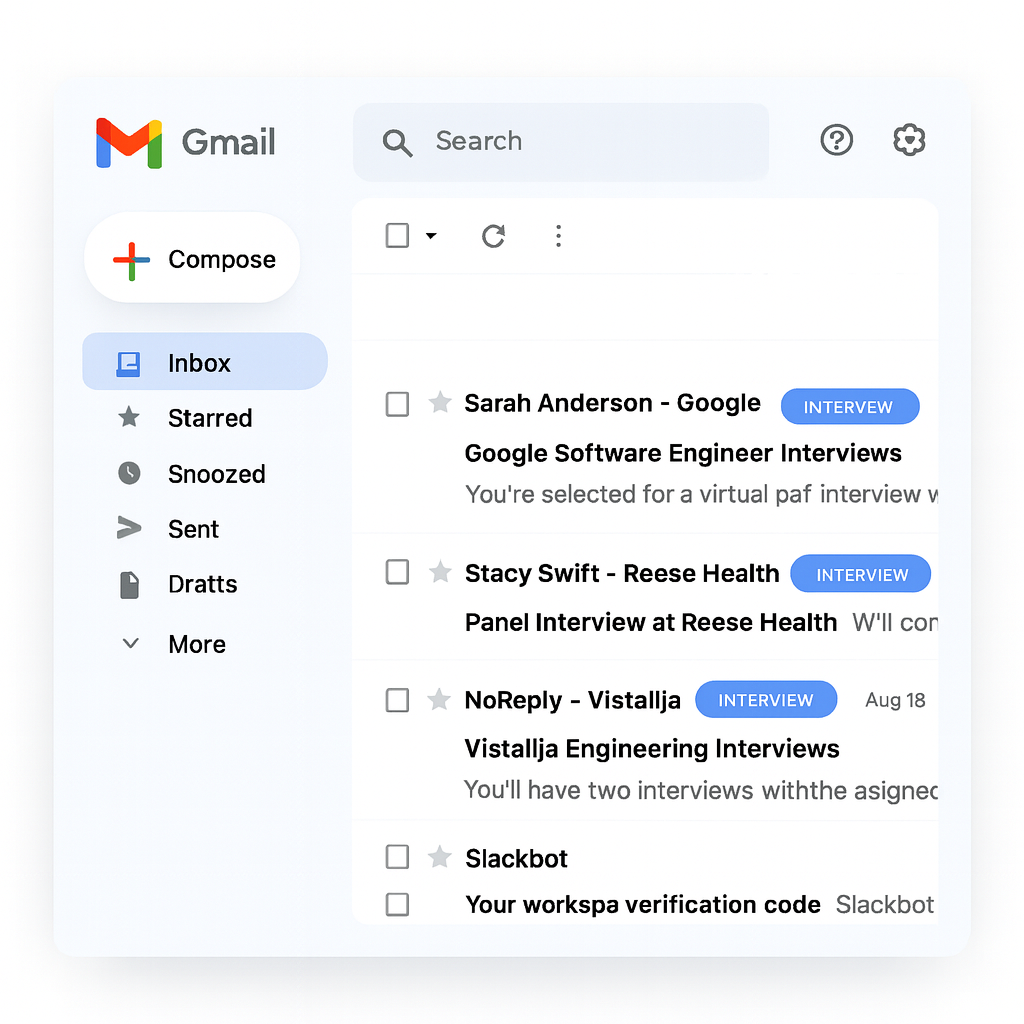 Gmail inbox showing interview emails automatically detected by Guildy