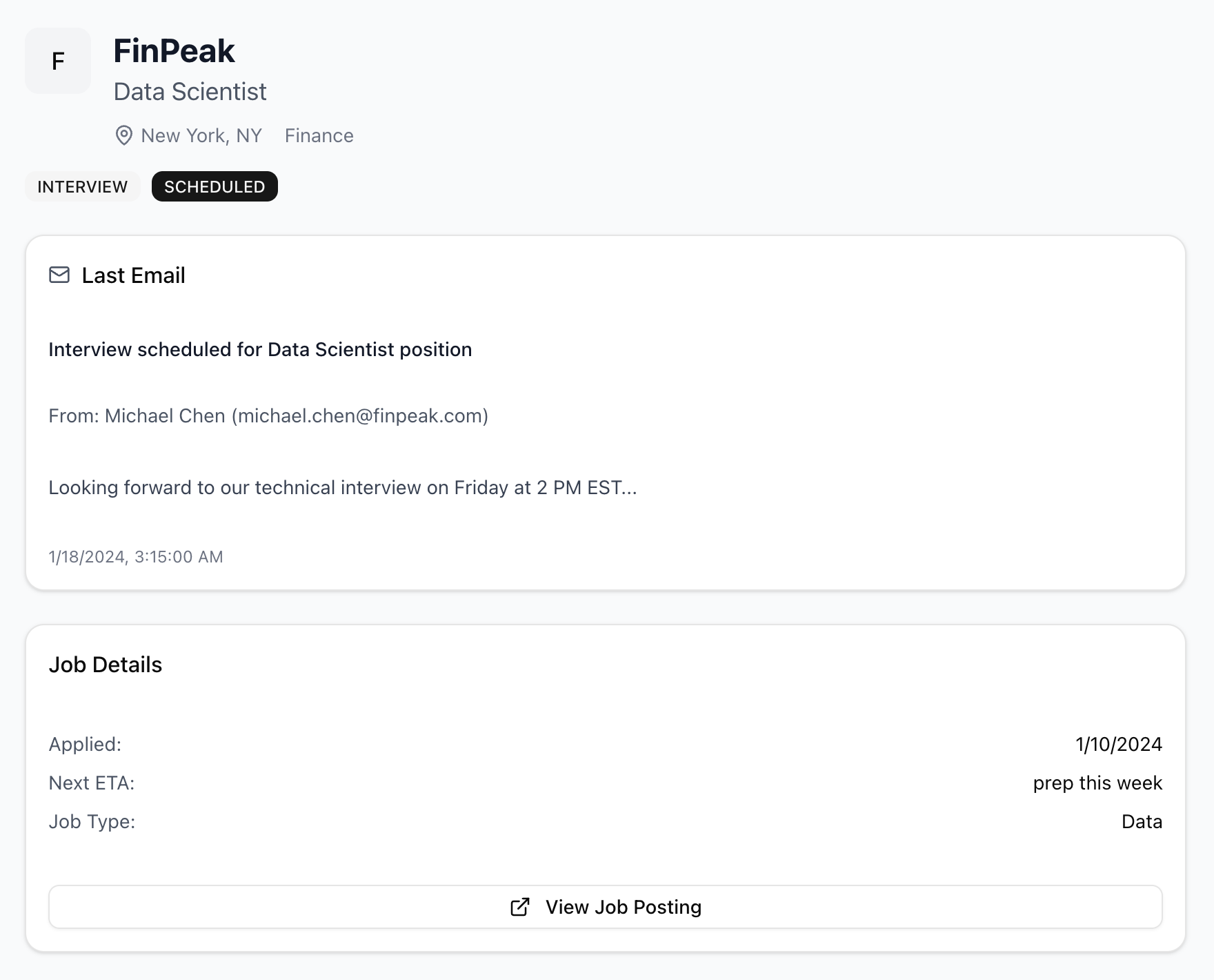 Guildy job details view showing interview scheduling email and application timeline