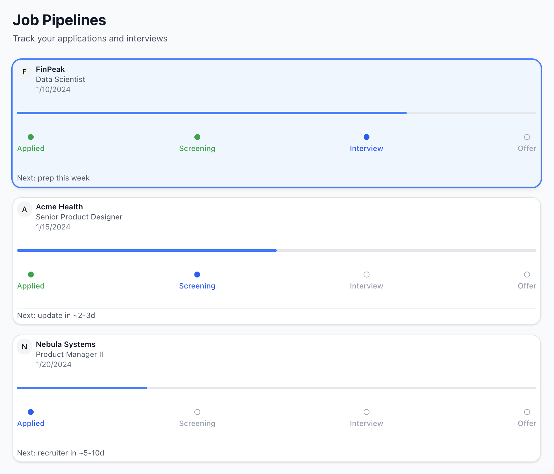 Guildy job pipeline dashboard showing tracked applications